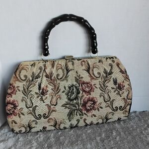 Vintage Floral Tapestry Clutch Handbag with Black Handle